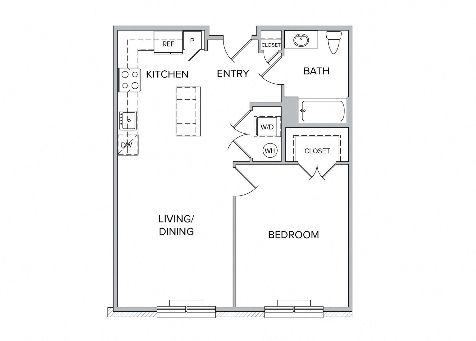 Floor plan for 1 bed, 1 bath, 761 sqft